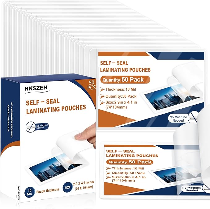 50 Pack 10 Mil 2.9"x4.1" Self Sealing Laminating Pouches Plastic Laminating by Unknown