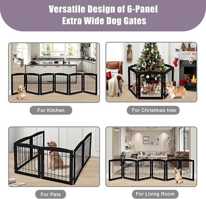 LZRS 6-Panel Extra Wide Wooden Freestanding Dog Gate: Foldable Solid Wood and - Image 6