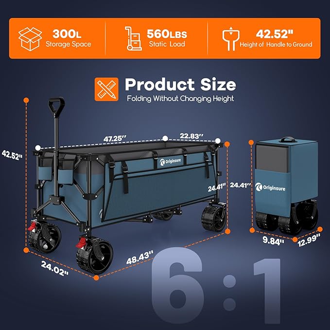 48" L Collapsible Wagon Cart Foldable, 560lbs Weight Capacity 300L Heavy Duty - Image 2