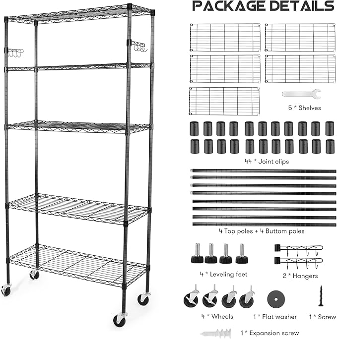 YNN Storage Shelves, 1750Lbs 5 Tier Heavy Duty Metal Rolling Shelving Unit - Image 8