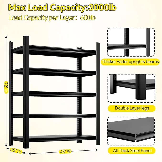 CJF Adjustable Garage Storage Shelves, 5-Tier Garage Shelving Heavy Duty - Image 3