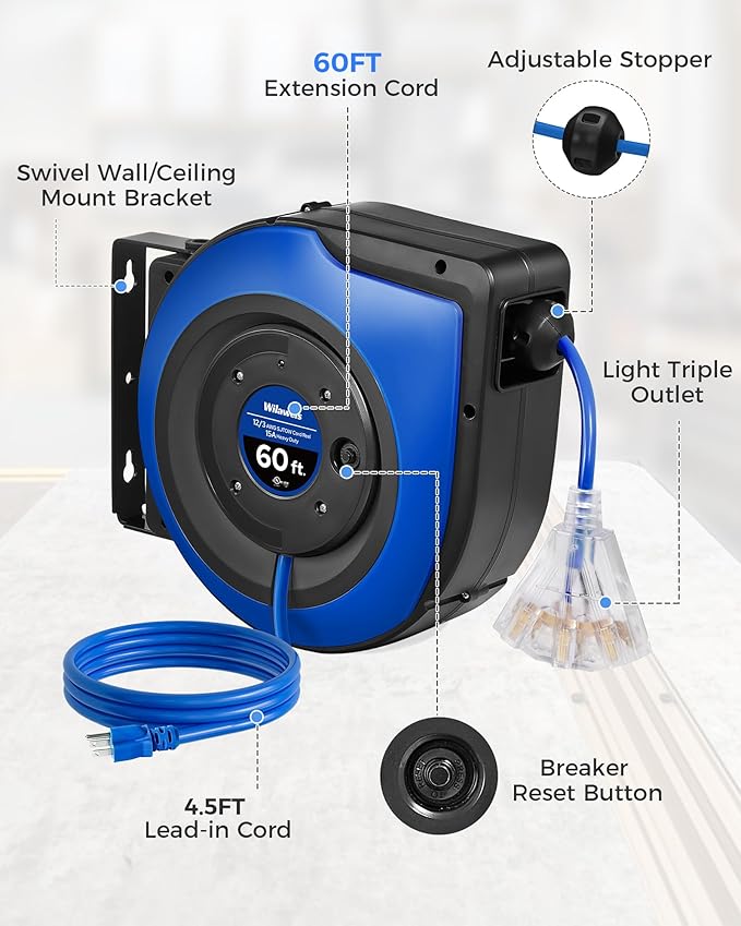 Retractable Cord Reel, 60 FT Heavy Duty Extension Cord, 12AWG/3C SJTOW - Image 8
