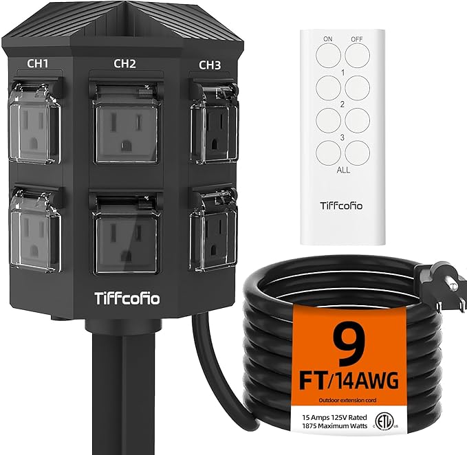 Outdoor Remote Control Power Strip, 9FT Extension Cord Waterproof, Independent by TiFFCOFiO