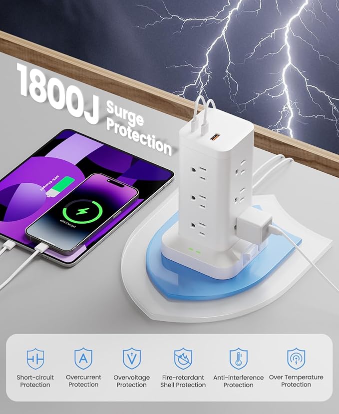 Power Strip Tower with Surge Protector 1800J, Fast Charging Tower PD20W USB-C - Image 6