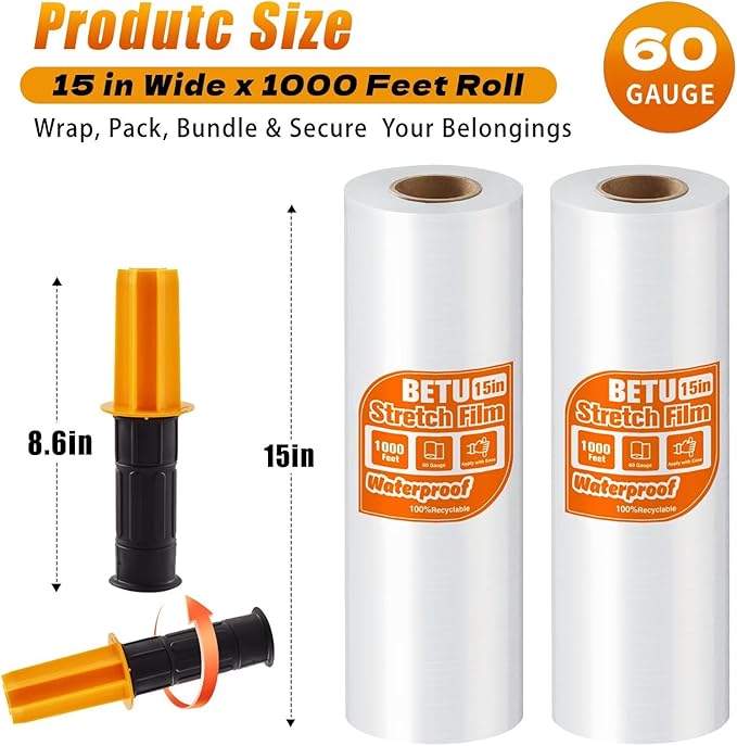 Stretch Film Shrink Wrap for Moving Supplies x 1000ft, Industrial Strength - Image 2