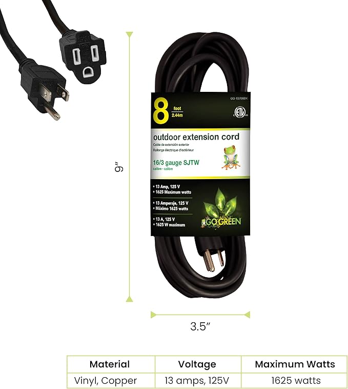 Go Green Power Inc. 16/3 SJTW Outdoor Extension Cord, 8 ft - Image 2
