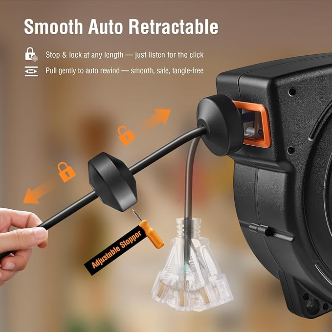 SURAIELEC 50FT Retractable Extension Cord Reel, 14AWG/3C SJTOW Heavy Duty Power - Image 4