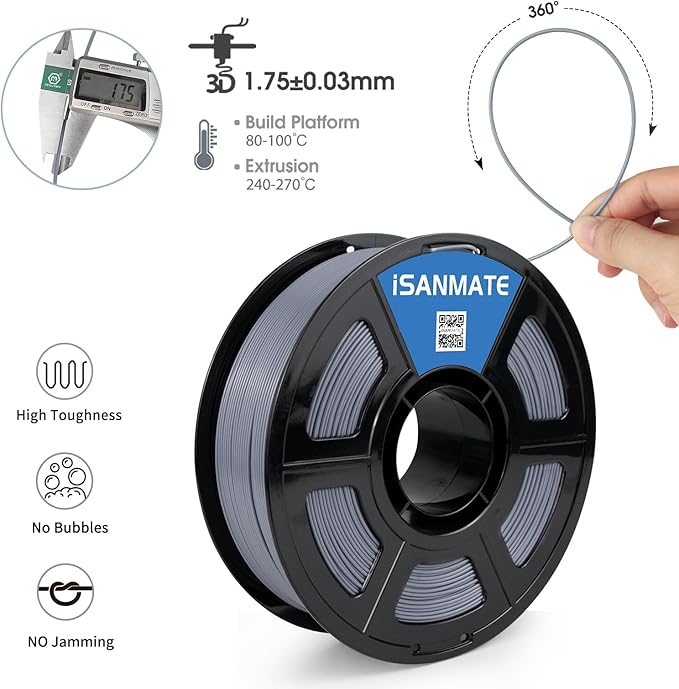 iSANMATE 3D Printer Filament ASA 1KG, UV & Weather Resistant Silver ASA - Image 2