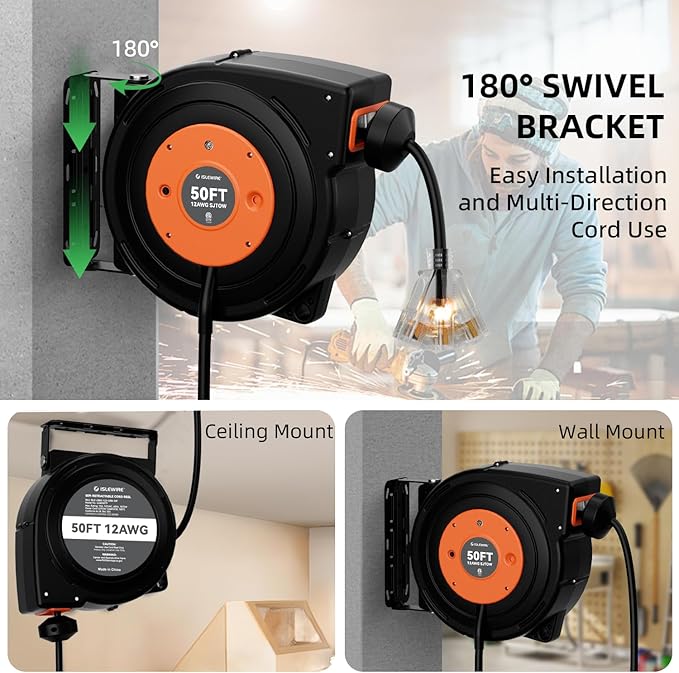 50 FT Retractable Extension Cord Reel, Heavy Duty 12AWG/3C SJTOW Power Cord - Image 8