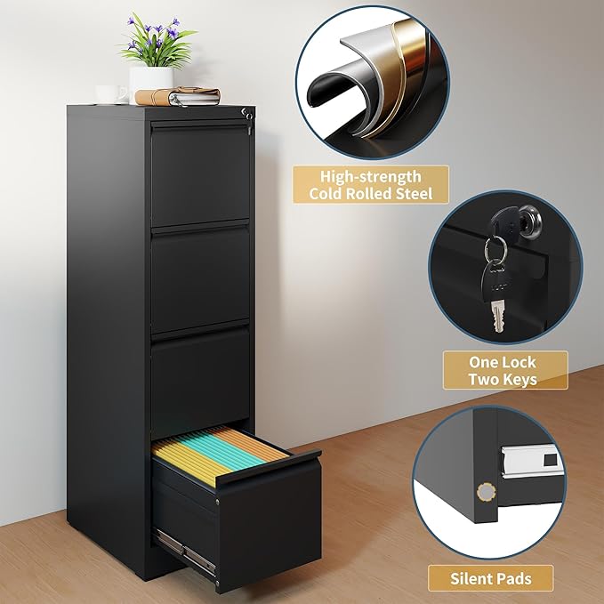 4 Drawer File Cabinet with Lock, Vertical Filing Cabinets - Image 4