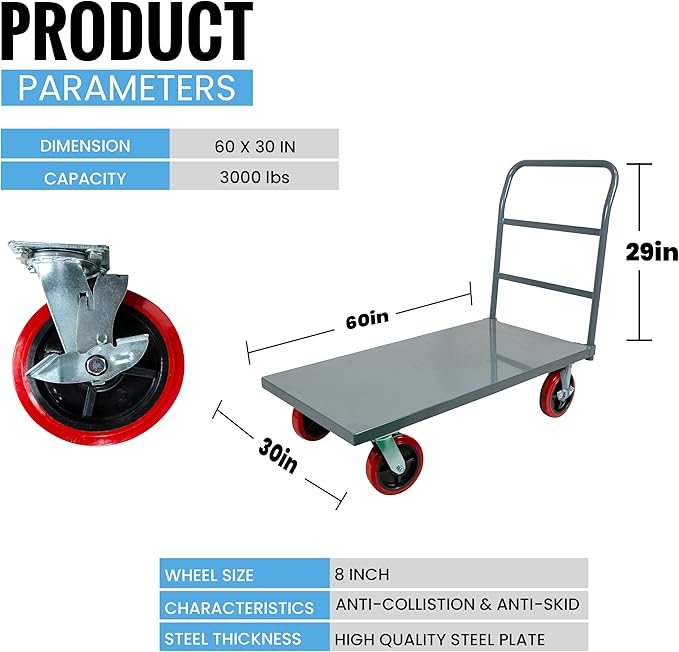 5Seconds Flatbed Platform Cart Industrial Dolly Heavy Duty 60” x 30” Hand Push - Image 3