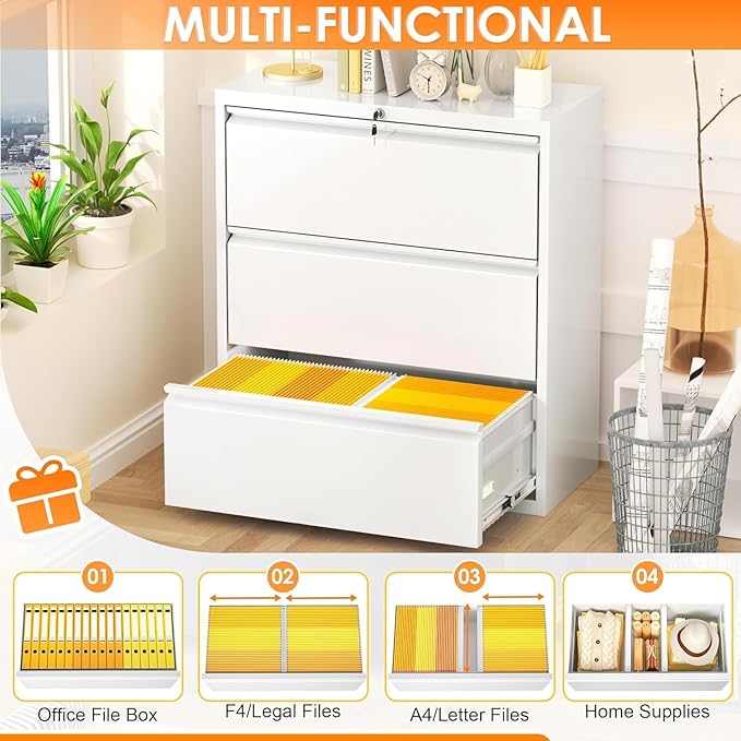 INTERGREAT 3-Drawer White File Cabinet, Locking Metal Lateral Filing Cabinets - Image 4