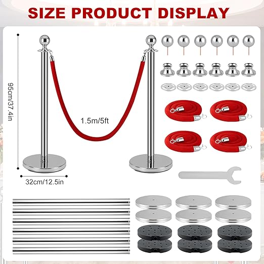 Silver Stanchion Post for Red Carpet, 6 Pack Stanchions and 4pcs Red Velvet - Image 5