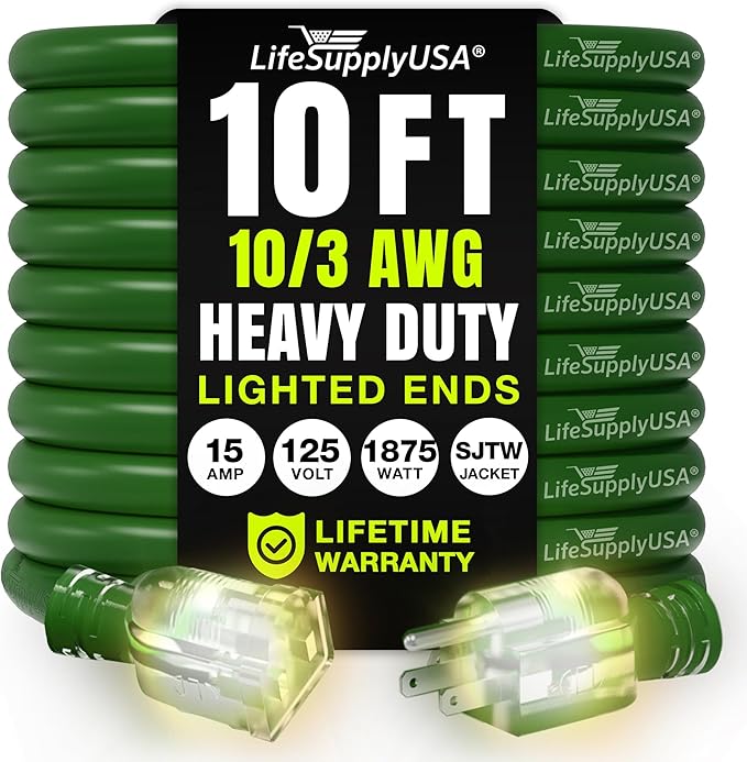 10ft Outdoor/Indoor Extension Cord 10/3 Gauge Ultra Heavy Duty 3 Prong SJTW by LifeSupplyUSA