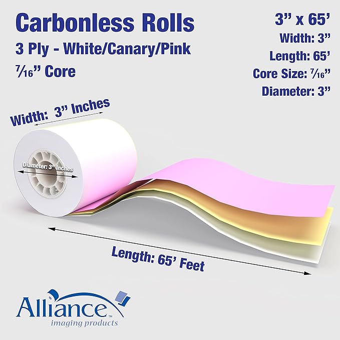 Alliance, Receipt Rolls, 3 Ply White/Canary/Pink, 50 Rolls Per Carton - Image 3