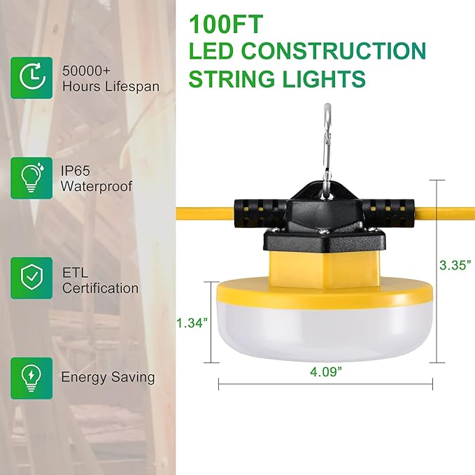 LEDIARY 100FT LED Construction String Lights, 150W 15000LM String Work Light - Image 3