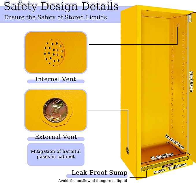 48 Gallon Yellow Flammable Storage Cabinet, Fireproof Steel Chemical Storage - Image 5