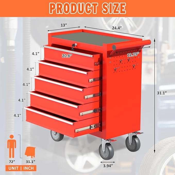 5 Drawers Rolling Tool Chest, Large Capacity Metal Tool Box - Image 3