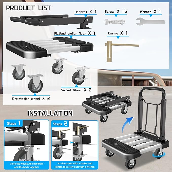WarmyouHaul Pro Folding Hand Truck, 441LBS Capacity, Adjustable Platform & - Image 7