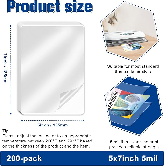 200 Pack 5mil 5“x7" Thermal Laminating Pouches Badge Laminate Pouches Clear - Image 2