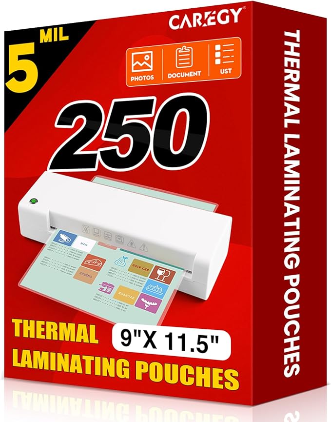 CAREGY Thermal Laminating Pouches, 250 Pack Laminating Sheets, 5 Mil, 9 x 11.5 by CAREGY