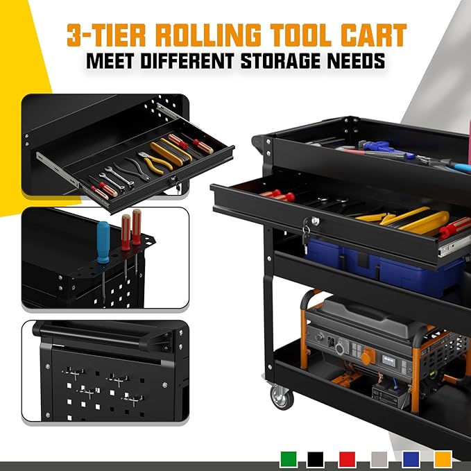 3 Tier Rolling Tool Cart on Wheels, 450 LBS Capacity Tool Cart - Image 6