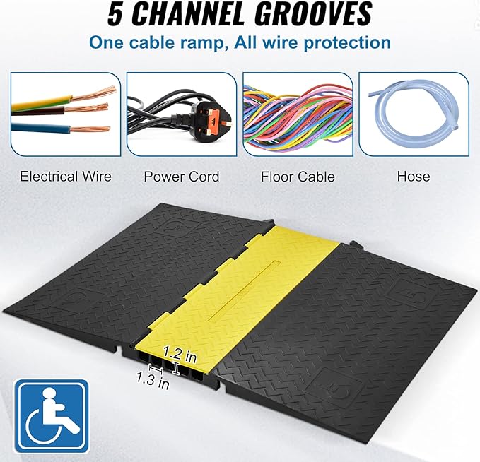 VEVOR 5 Channel Rubber Cable Protector Ramp, Heavy Duty 22000 lbs/axle Capacity - Image 3