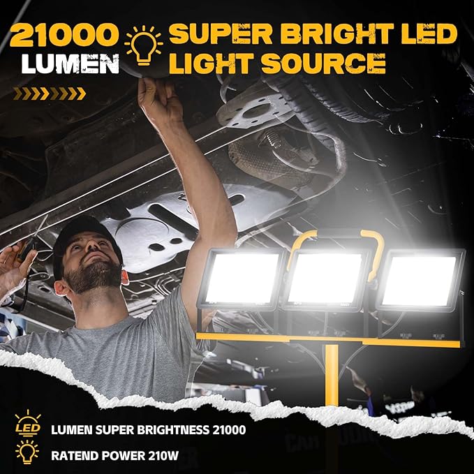 21000 Lumen Work Lights with Stand, 3 Adjustable Head LED Work Light, with - Image 2