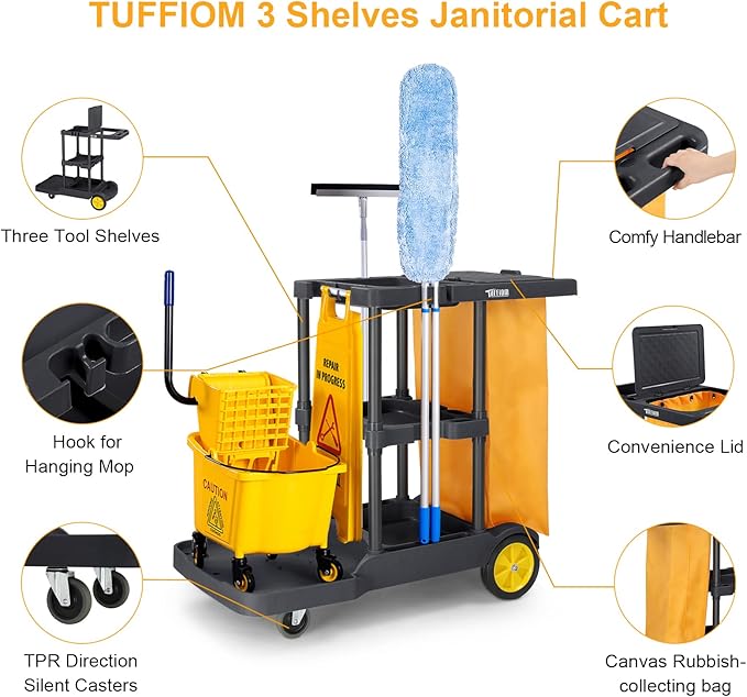 TUFFIOM Commercial Traditional Cleaning Janitorial 3-Shelf Cart, 500 Lbs - Image 2
