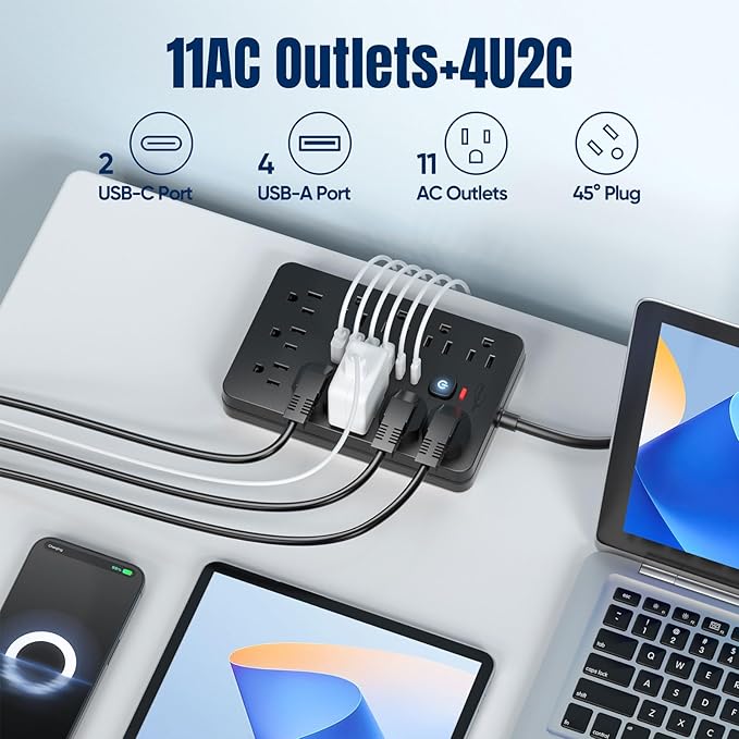 15 FT Flat Plug Surge Protector Power Strip, 11 Multiple AC Outlets - Image 3