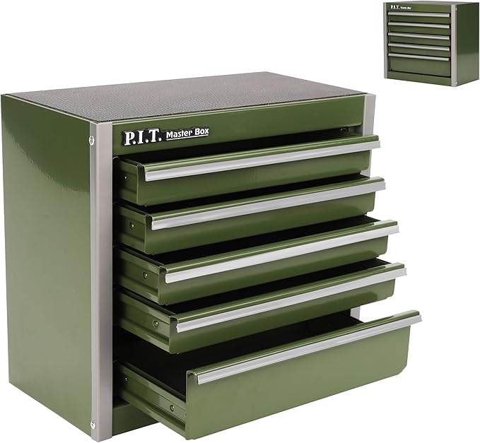 P.I.T. Mini Army Green Tool Box, Portable 5-Drawer Micro Roll Cab Steel Tool Box by PIT