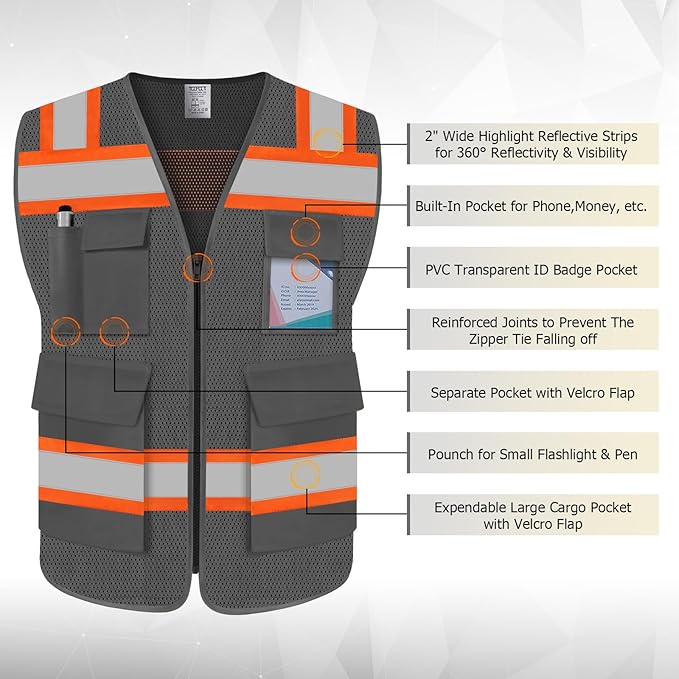 TCCFCCT Safety Vest for Men Women 5 Pockets Mesh High Visibility Reflective Vest - Image 3