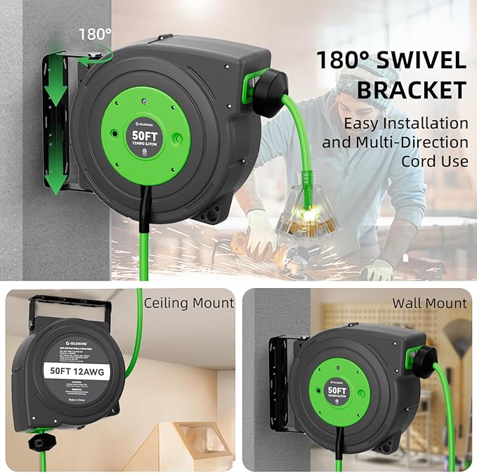 50 FT Retractable Extension Cord Reel, Heavy Duty 12AWG/3C SJTOW Power Cord - Image 8