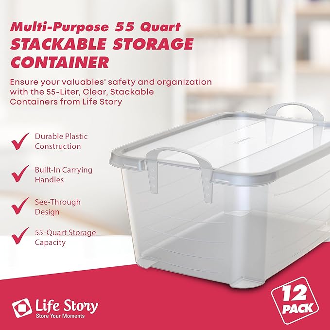 Life Story 12 Pack Light Duty Stackable Storage Bin, 55 Quart Home Organizer - Image 2
