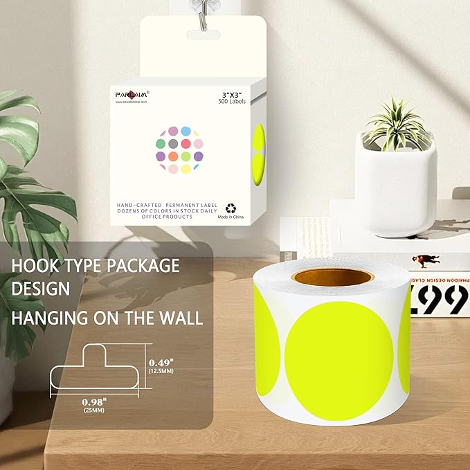 PARLAIM 3" Diameter Round Fluorescent Yellow Color Coding Sticker, 4 Rolls - Image 4