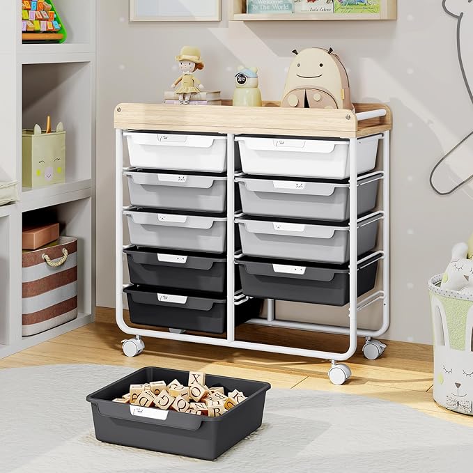 10 Drawers Rolling Cart with Wooden Tabletop, Utility Storage Cart with Wheels - Image 2