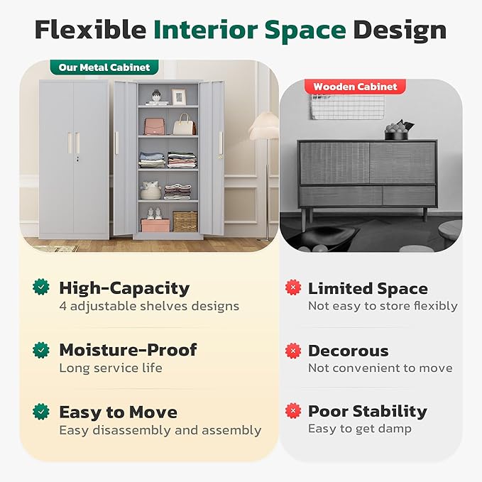 Greenvelly 63" H Metal Storage Cabinet Dark Grey, Locking Metal Cabinet - Image 6