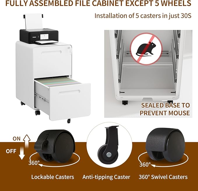 2 Drawer File Cabinet with Lock and 4 Keys, Mobile Metal Filing Cabinet - Image 8