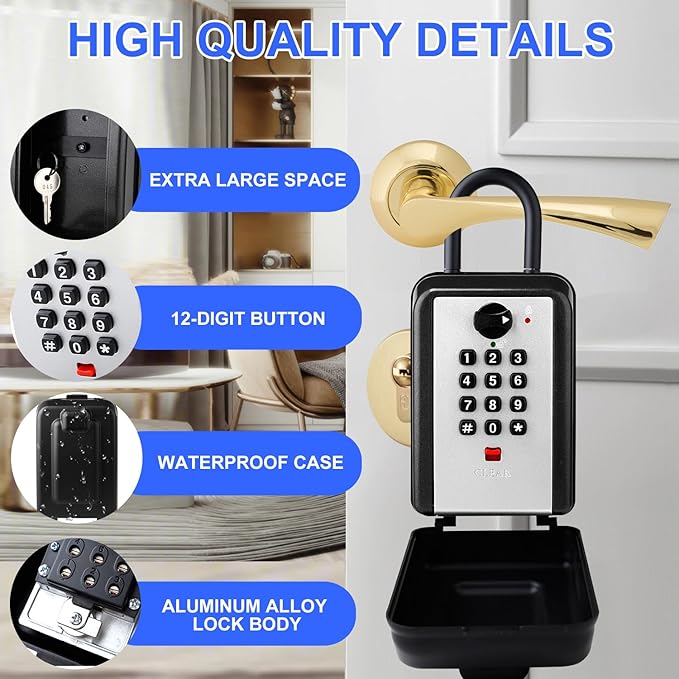 Key Lock Box, 12-Digit Code, Weatherproof Wall Mount, Large Capacity 5-8 Keys - Image 3