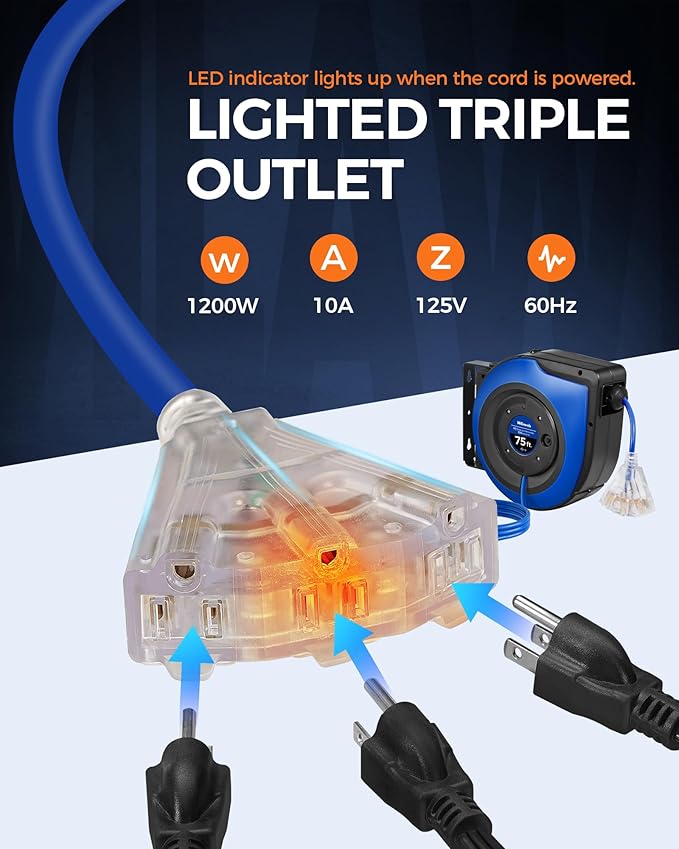 Retractable Cord Reel, 75 FT Heavy Duty Extension Cord, 14AWG/3C SJTOW - Image 6