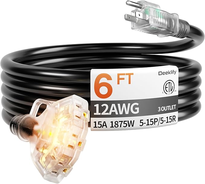 6 ft 12 Gauge 3 Outlet Extension Cord Splitter by Deeklify