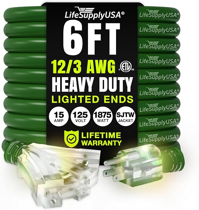 6ft Outdoor/Indoor Extension Cord 3-Outlet 12/3 Gauge Extra Heavy Duty ETL by LifeSupplyUSA