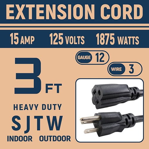12 Gauge Indoor Heavy Duty Black Extension Cord 3 FT, 12 AWG SJTW Electrical - Image 2