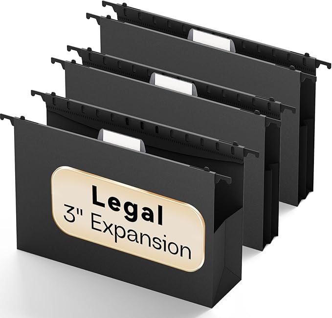 Plastic Legal Hanging File Folders Extra Capacity, Expandable Large Black by NORDUN