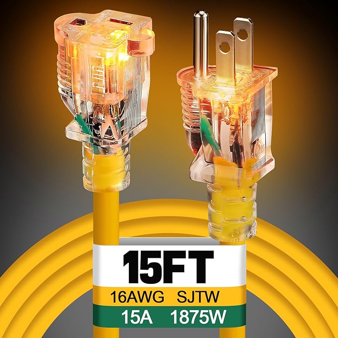 Lighted End Heavy Duty Outdoor Extension Cord Waterproof -16AWG, 3 Prong by Alphatool