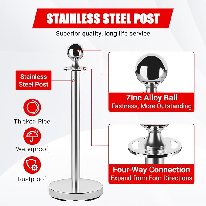 4Pcs Stanchions and Cords Silver Stainless Steel Crowd Control Barriers - Image 5
