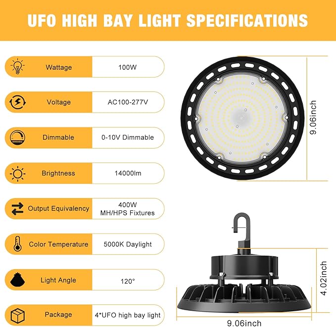UFO LED High Bay Light 100W 4Pack, High Bay LED Shop Lights 14, 000LM Dimmable - Image 7