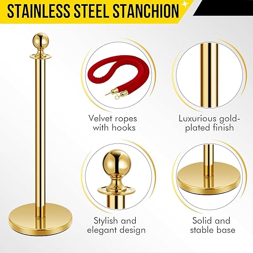 10PCS Gold Stanchion Post, 5 Ft Red Velvet Rope Stainless Steel Crowd Control - Image 2
