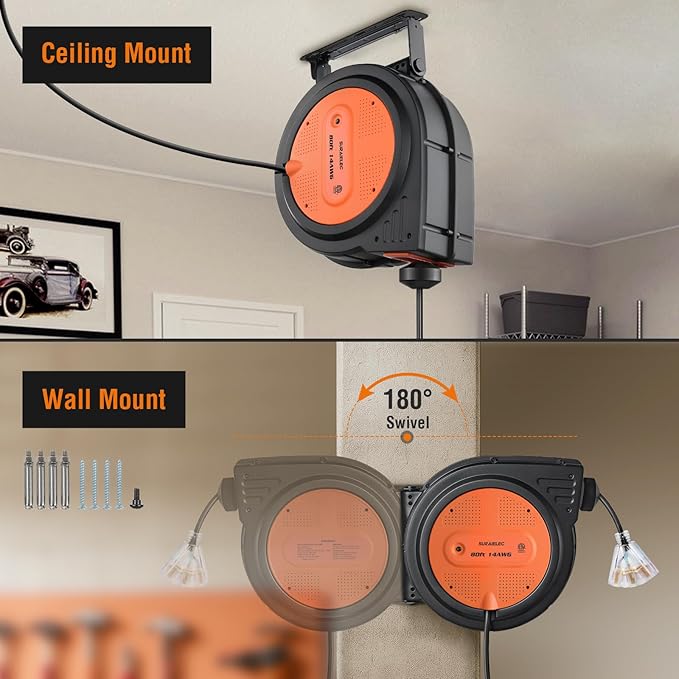 SURAIELEC 12 Gauge Extension Cord Reel, 60 FT Retractable Extension Cord - Image 5