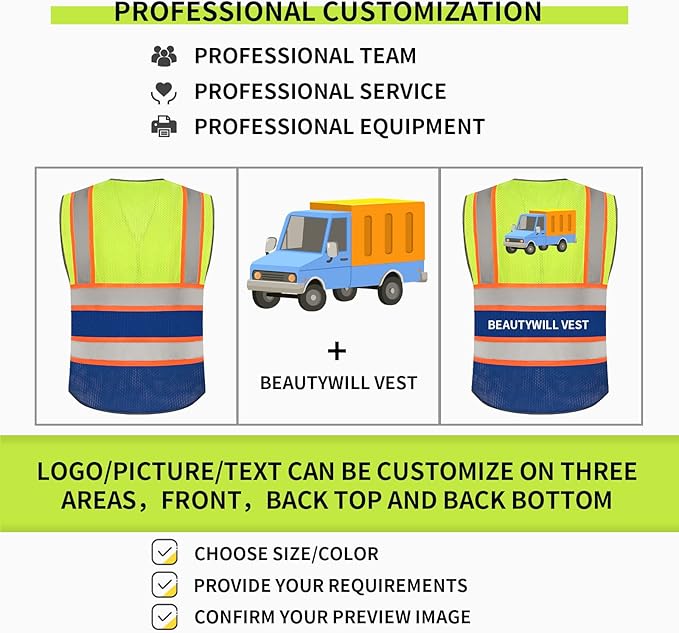 BeautyWill Custom Logo Safety Vest Class2 High Visibility Reflective Vest - Image 4